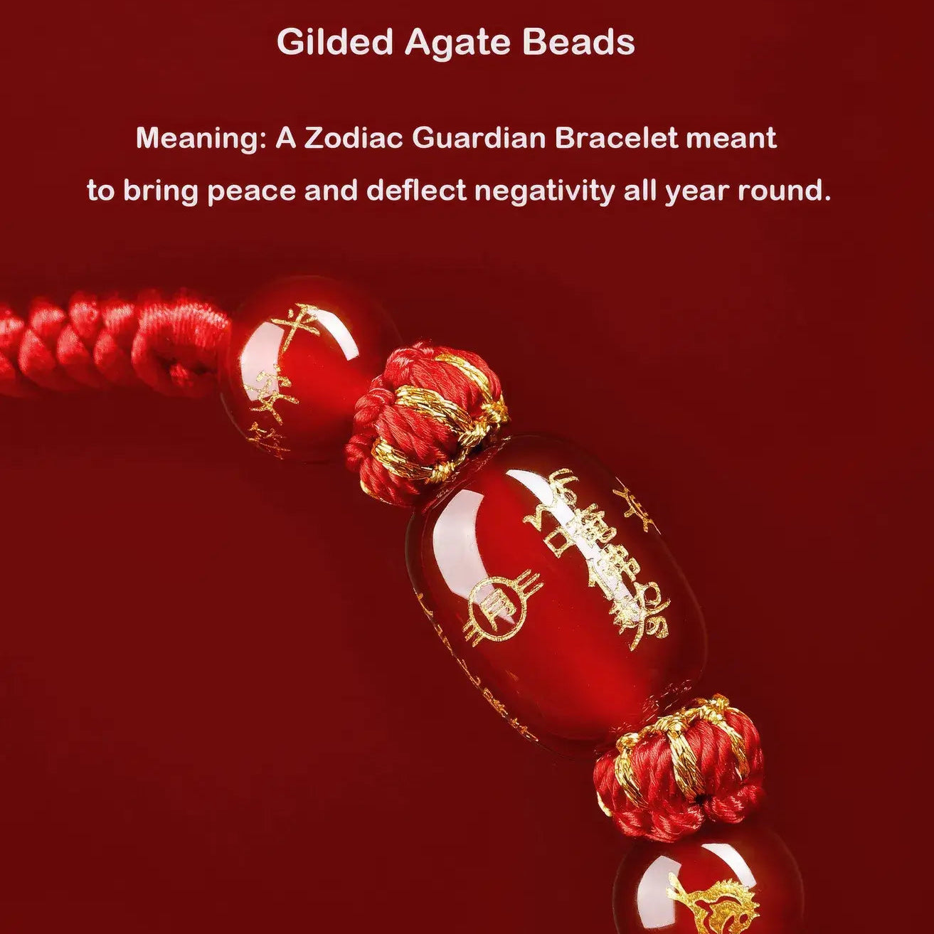 Gilded Agate Beads bracelet on a red background with text about its meaning.