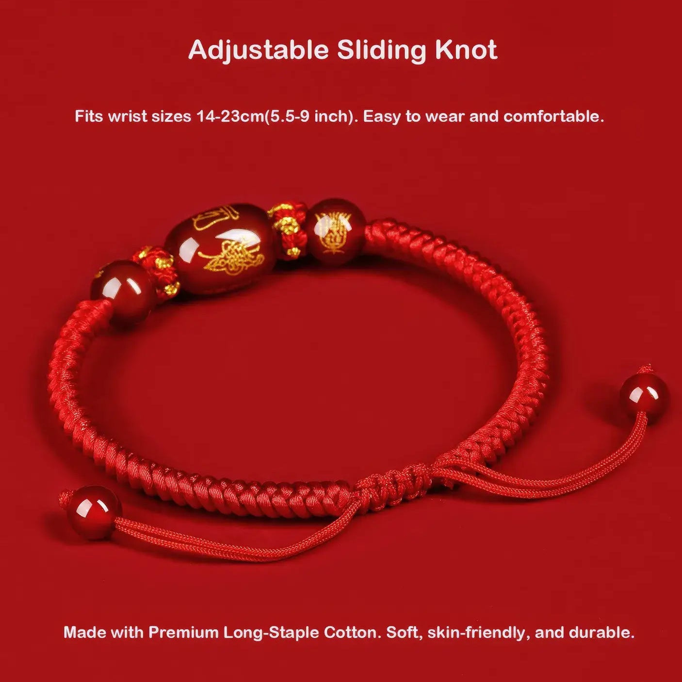 Red bracelet with adjustable sliding knot on a red background