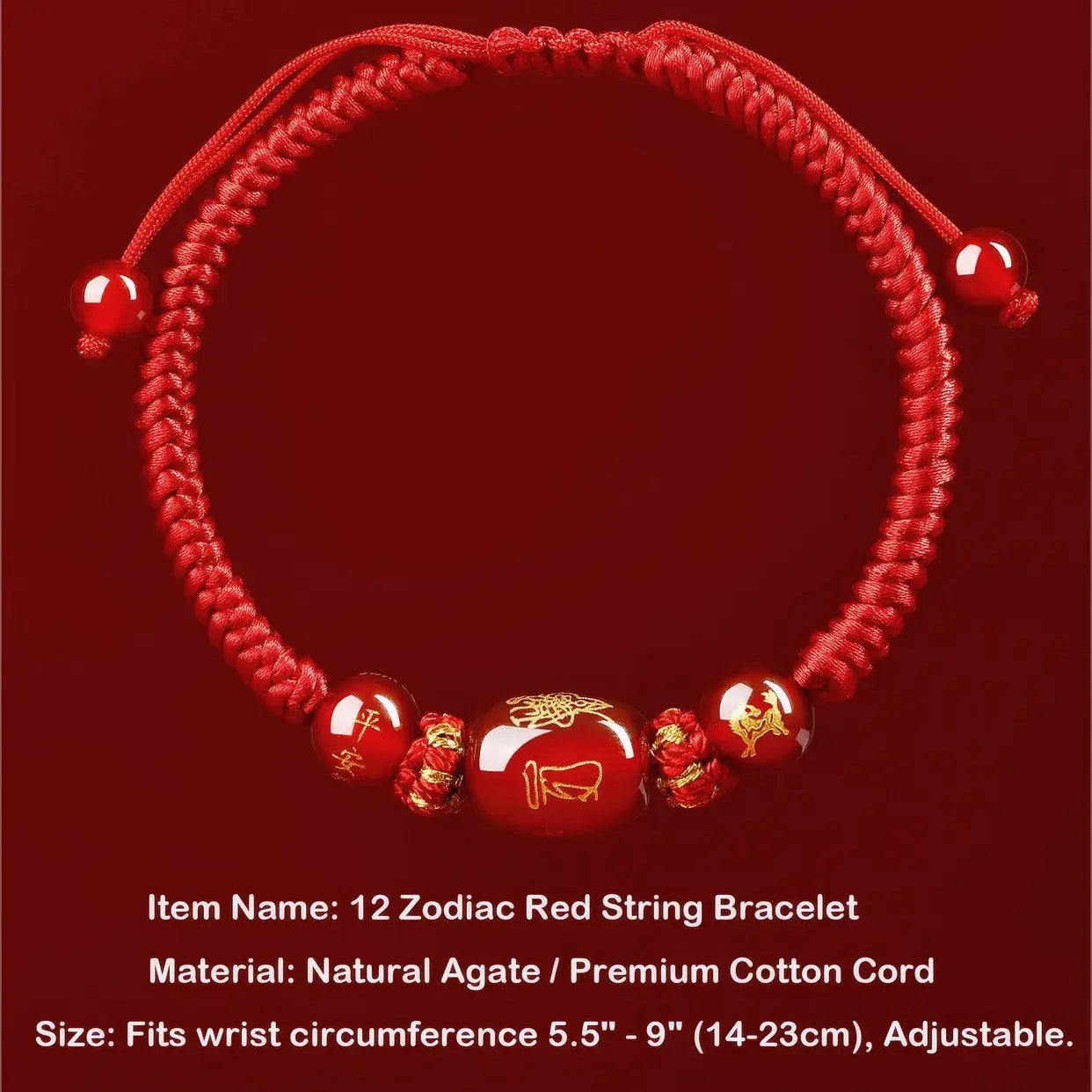 Red string bracelet with beads on a red background