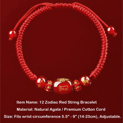 Red string bracelet with beads on a red background