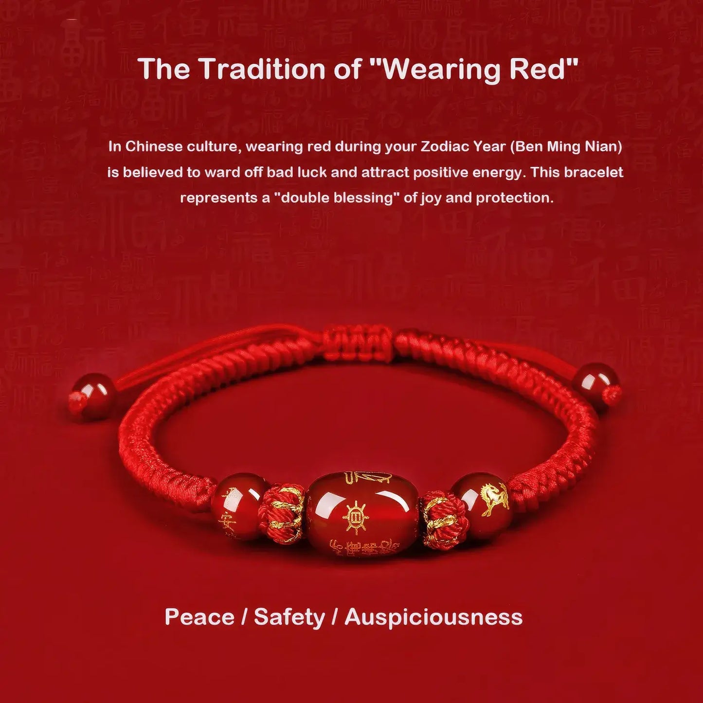 Red bracelet with beads on a red background, explaining the tradition of wearing red in Chinese culture.
