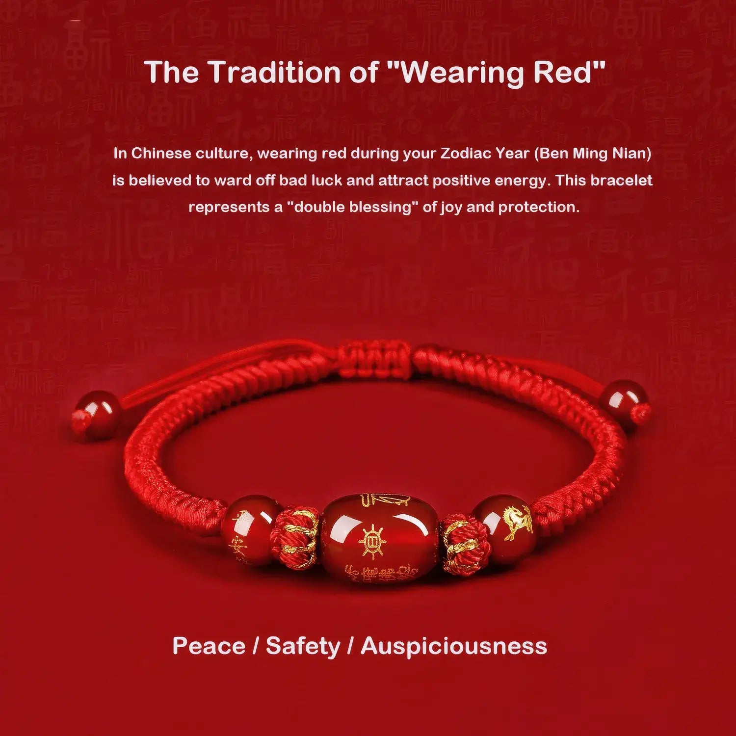 Red bracelet with beads on a red background, explaining the tradition of wearing red in Chinese culture.