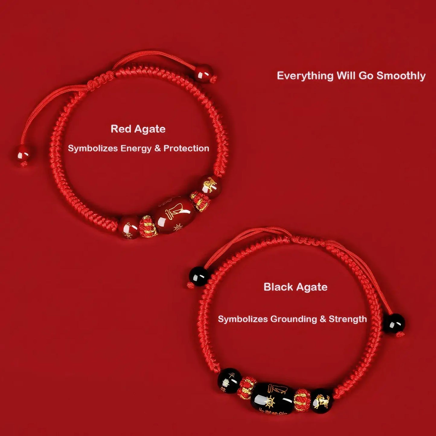 Two red agate and black agate bracelets on a red background with text describing their symbolism.