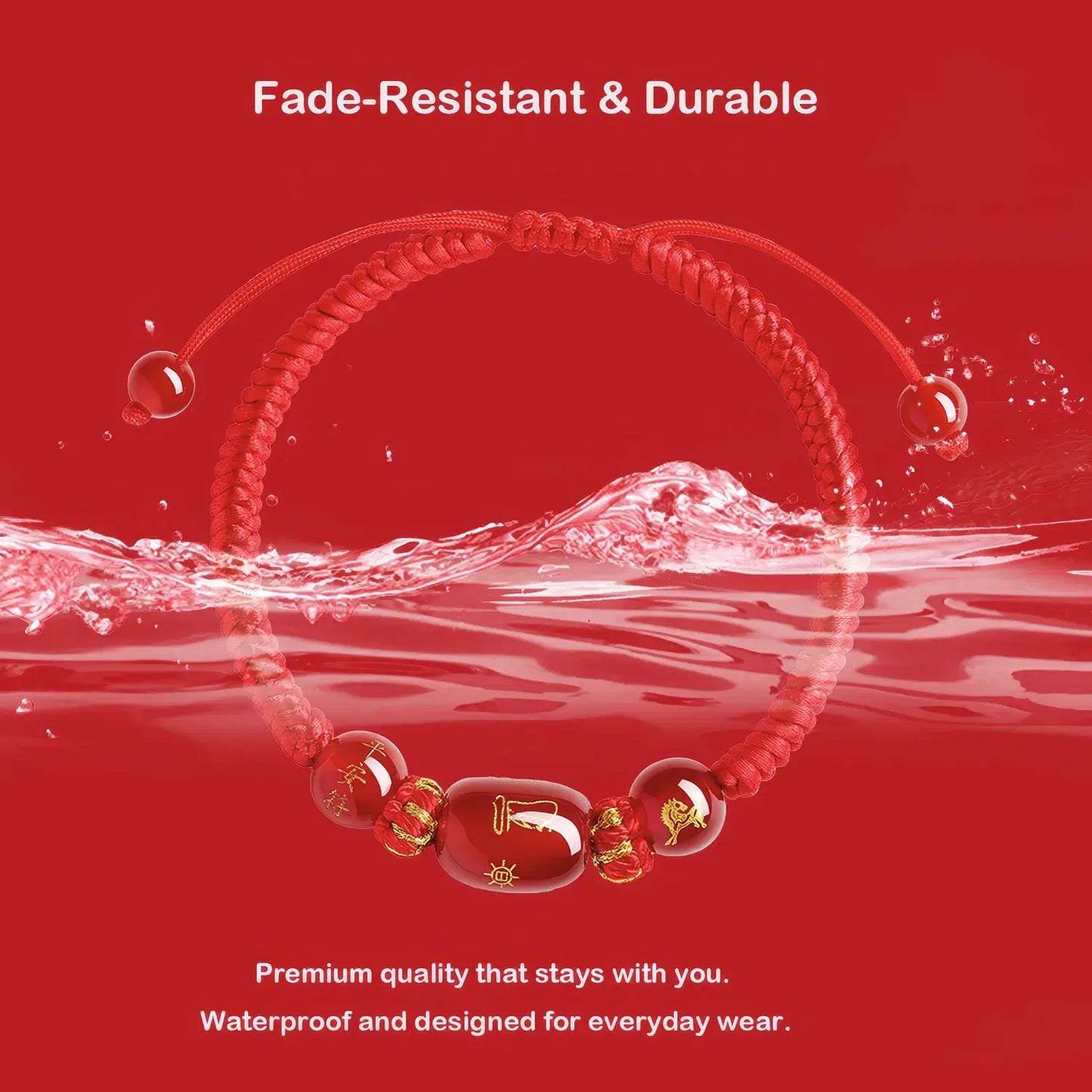 Red bracelet with beads on a red background, emphasizing fade-resistance and durability.