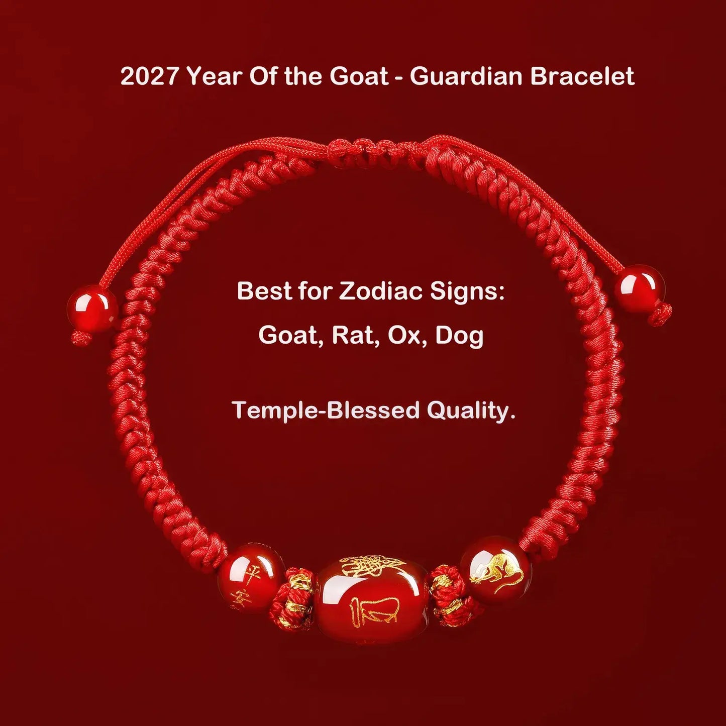 A red braided cord bracelet with glossy red beads and small gold decorative accents, shown on a dark red background with white promotional text about the 2027 Year of the Goat and guardian bracelet design.