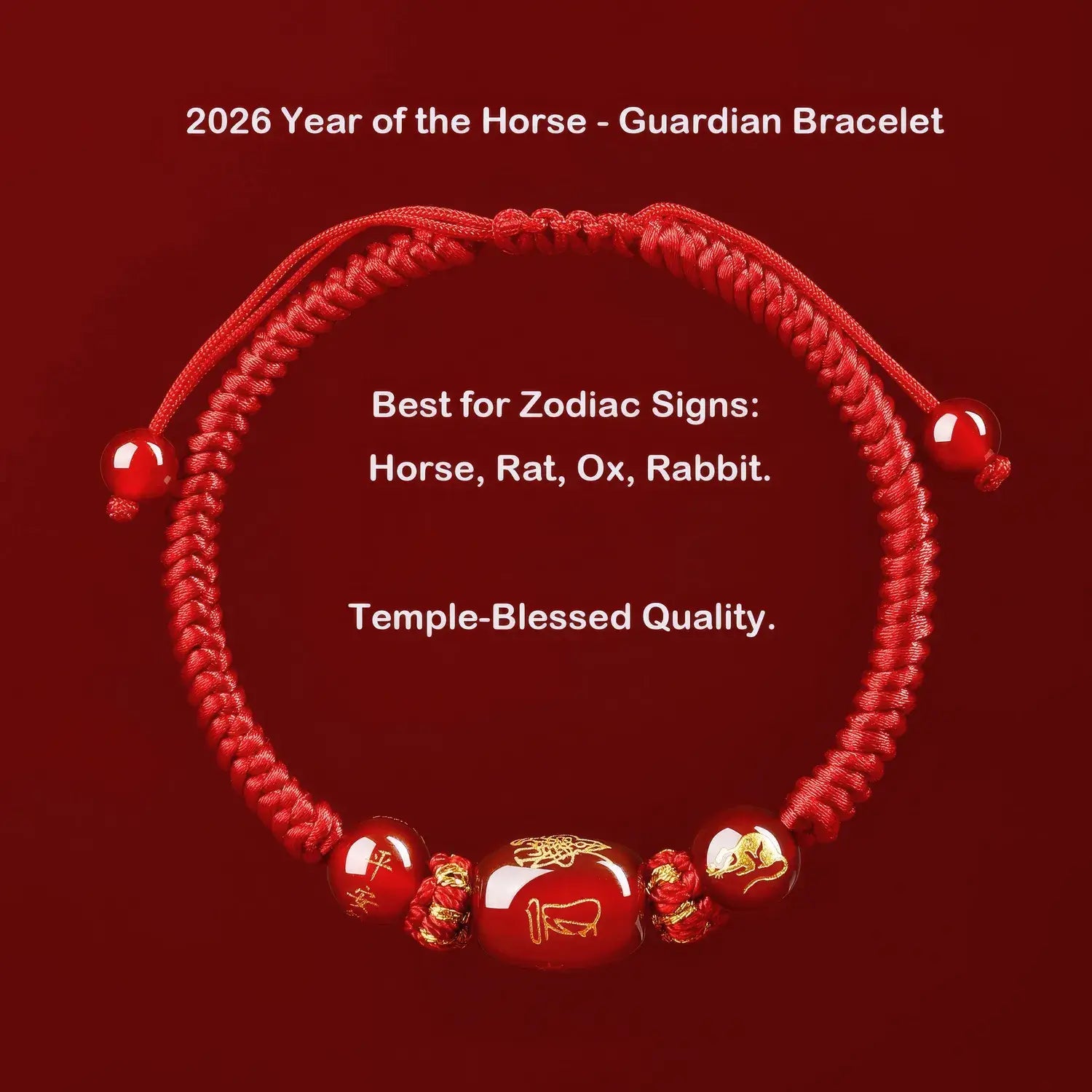 Red bracelet with Chinese characters on a red background, labeled '2026 Year of the Horse - Guardian Bracelet'.
