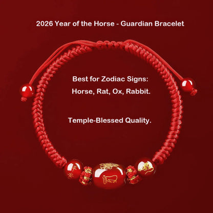 Red bracelet with Chinese characters on a red background, labeled '2026 Year of the Horse - Guardian Bracelet'.