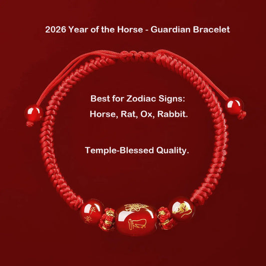 Red bracelet with Chinese characters on a red background, labeled '2026 Year of the Horse - Guardian Bracelet'.