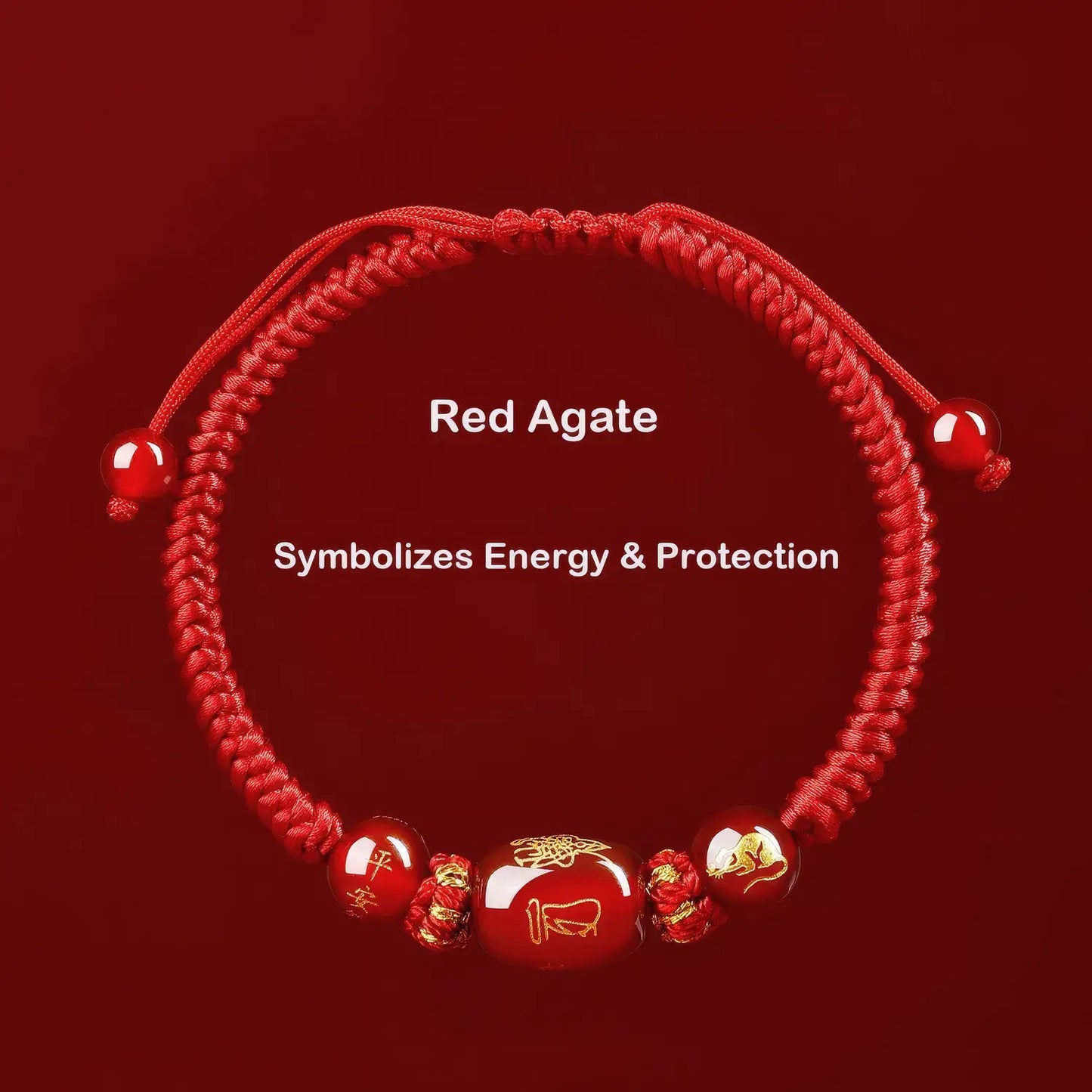 Red agate bracelet with symbolic beads on a red background