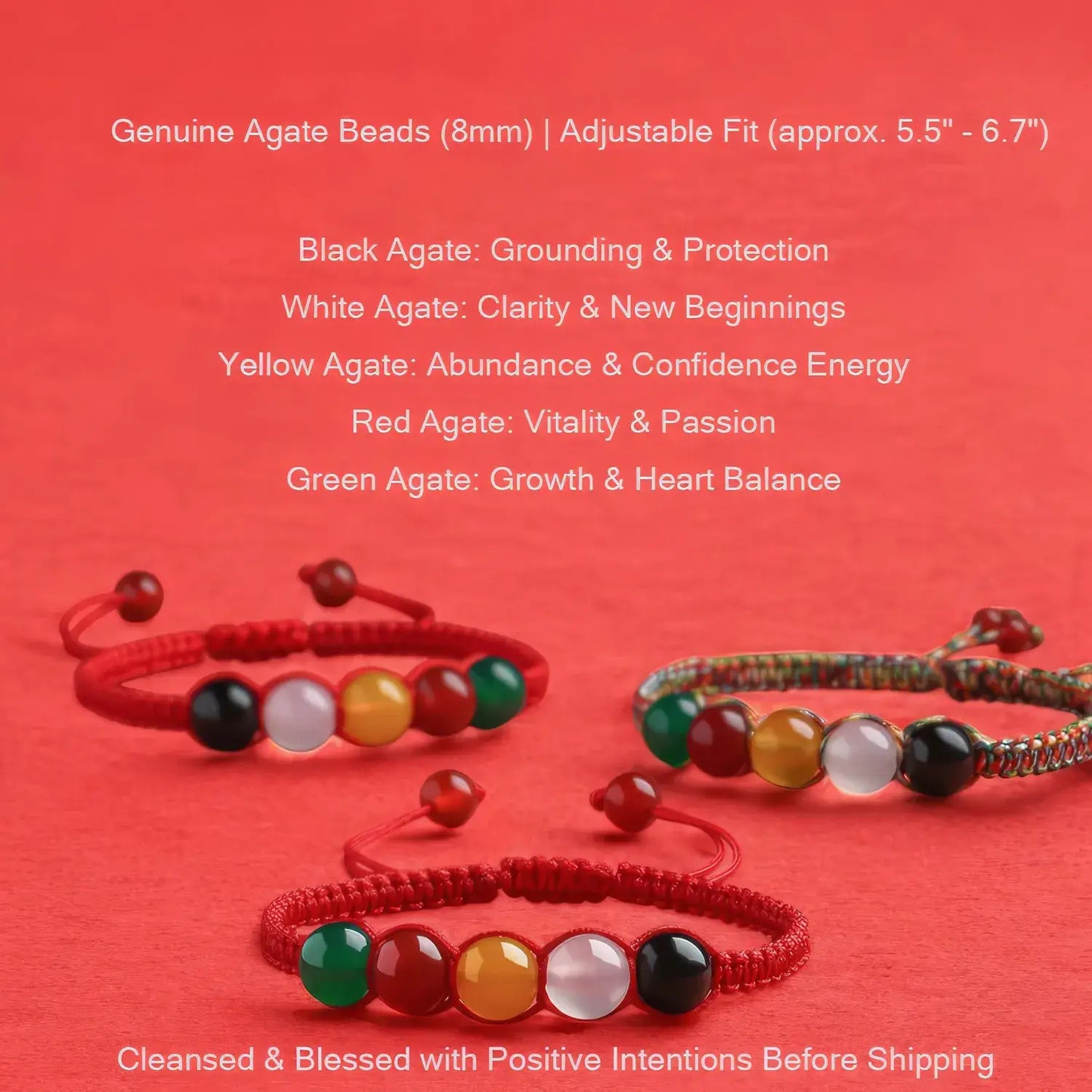 Colorful agate beaded bracelets on a red background with information about each stone's properties.