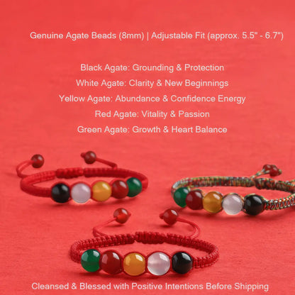 Colorful agate beaded bracelets on a red background with information about each stone's properties.