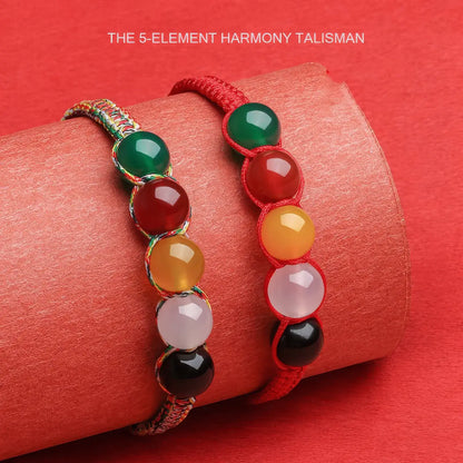 Colorful beaded bracelet on a red surface with 'The 5-Element Harmony Talisman' text.