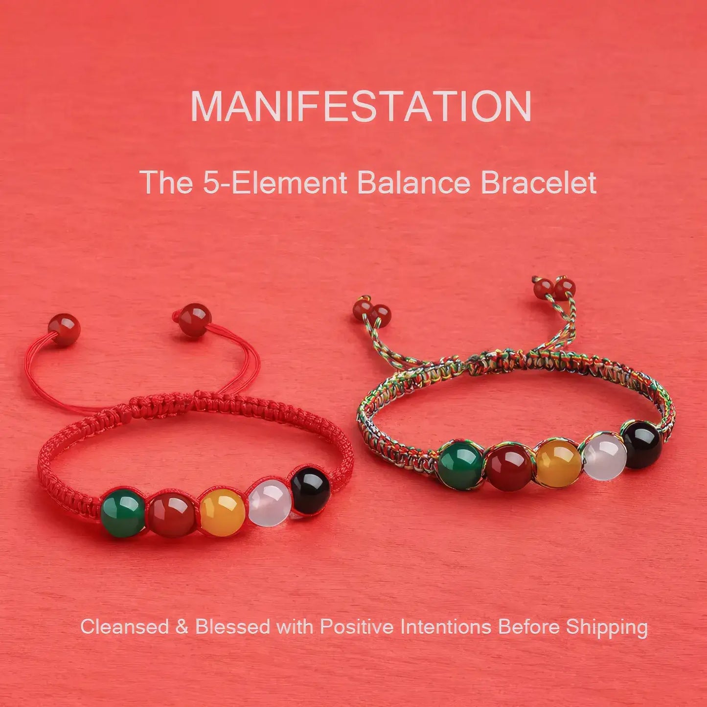 Two beaded bracelets on a red background with text about 'Manifestation' and '5-Element Balance Bracelet'.