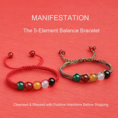 Two beaded bracelets on a red background with text about 'Manifestation' and '5-Element Balance Bracelet'.