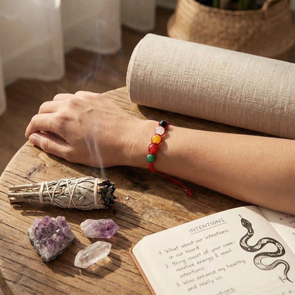 Person holding a smudge stick with crystals and a book on a wooden surface