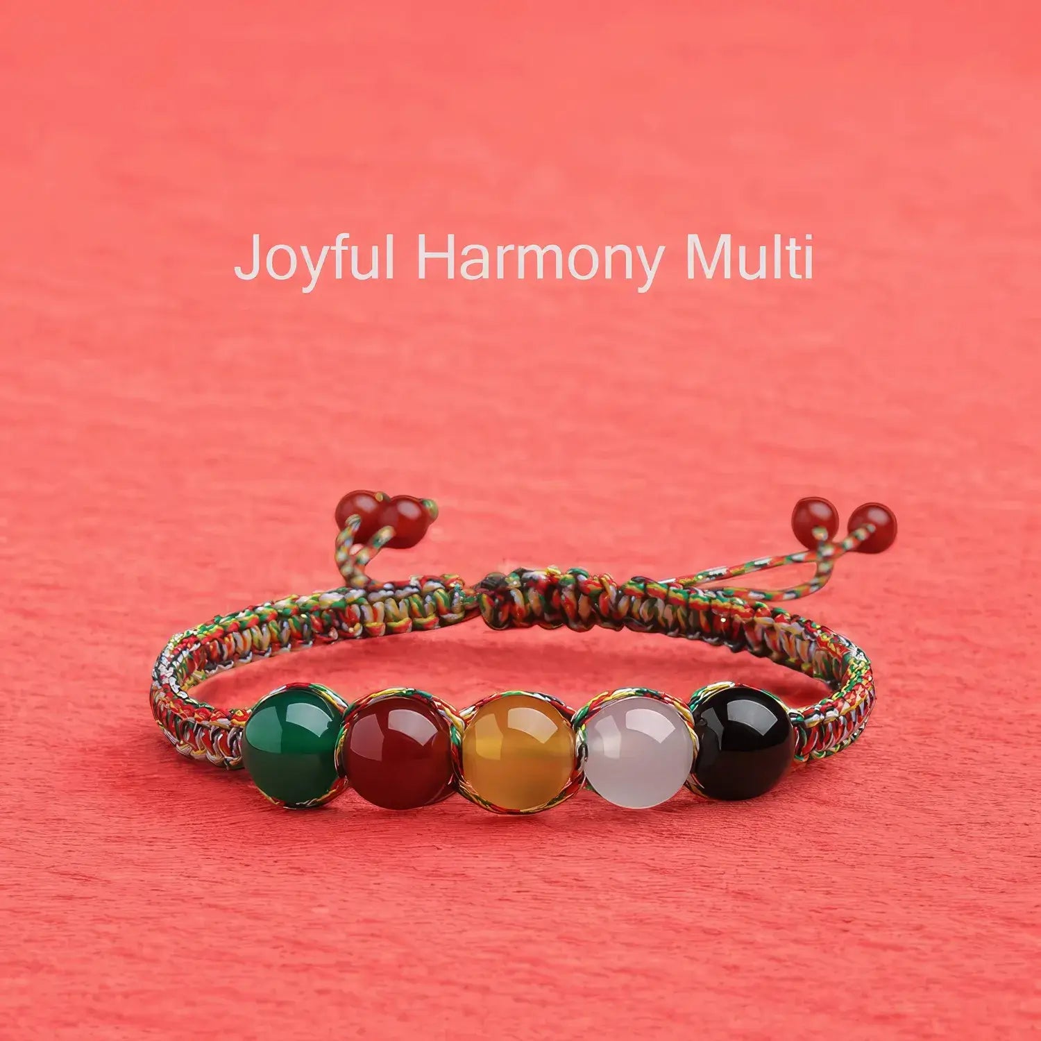 Multicolored beaded bracelet on a red background with 'Joyful Harmony Multi' text.