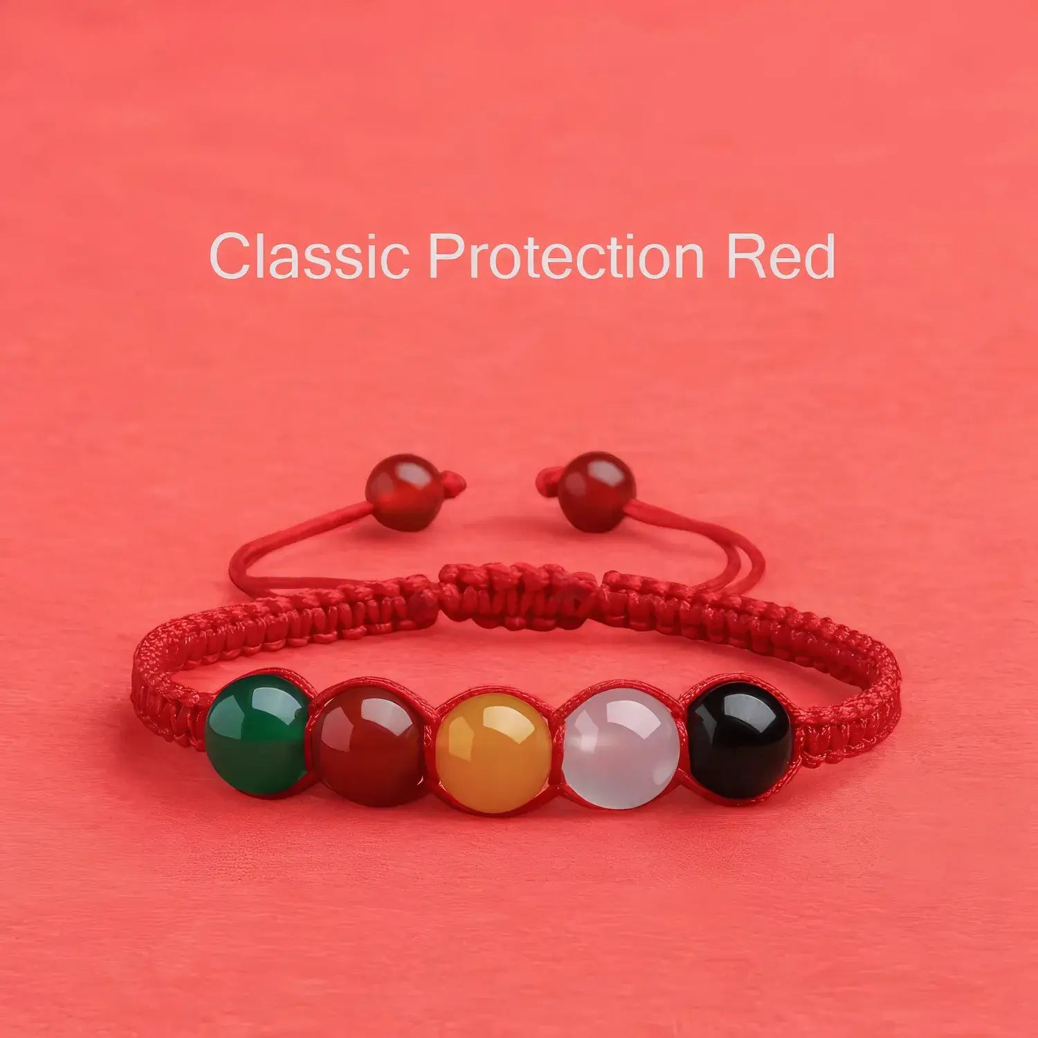 Colorful bracelet with beads on a red background, labeled 'Classic Protection Red'.