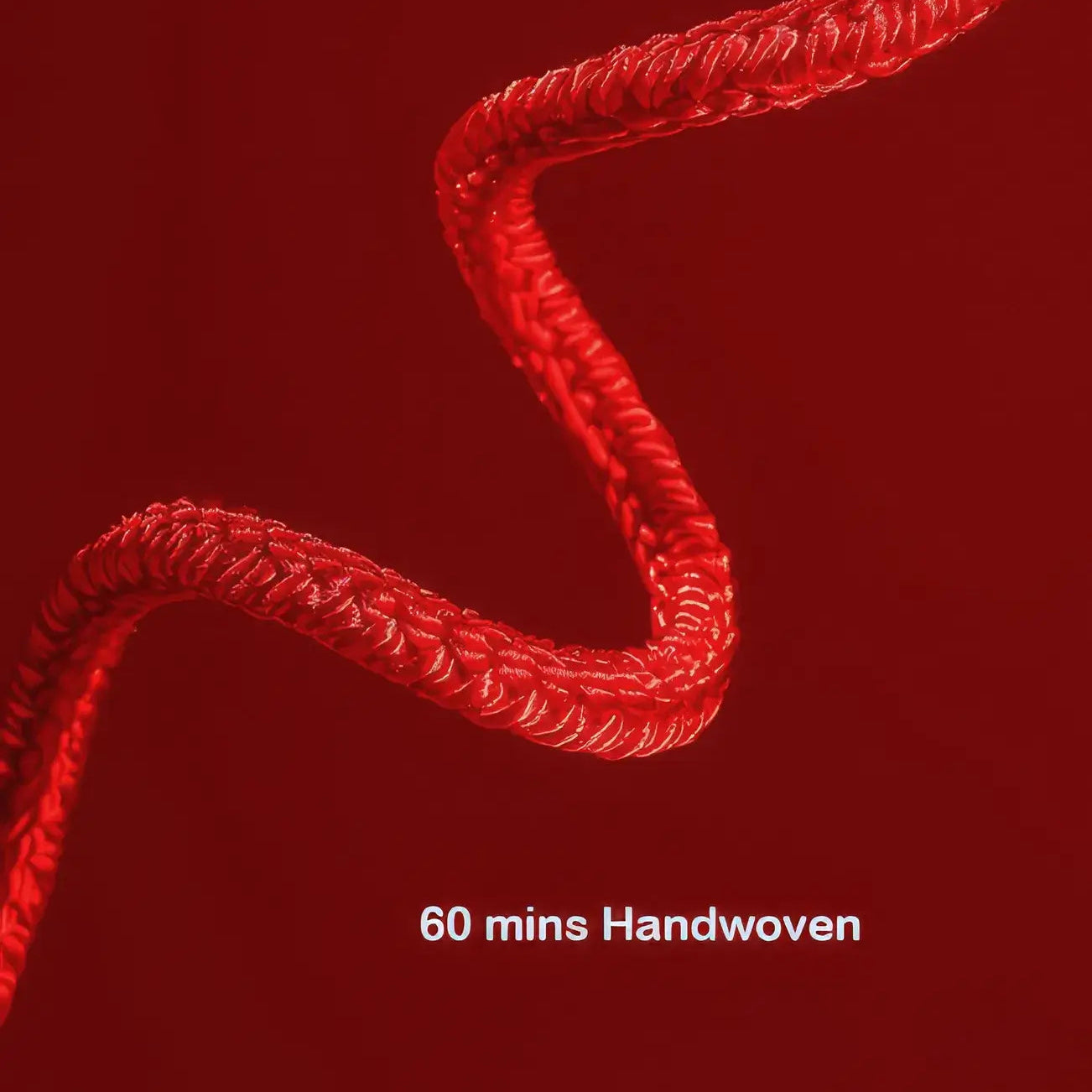 Red handwoven yarn on a red background with '60 mins Handwoven' text.