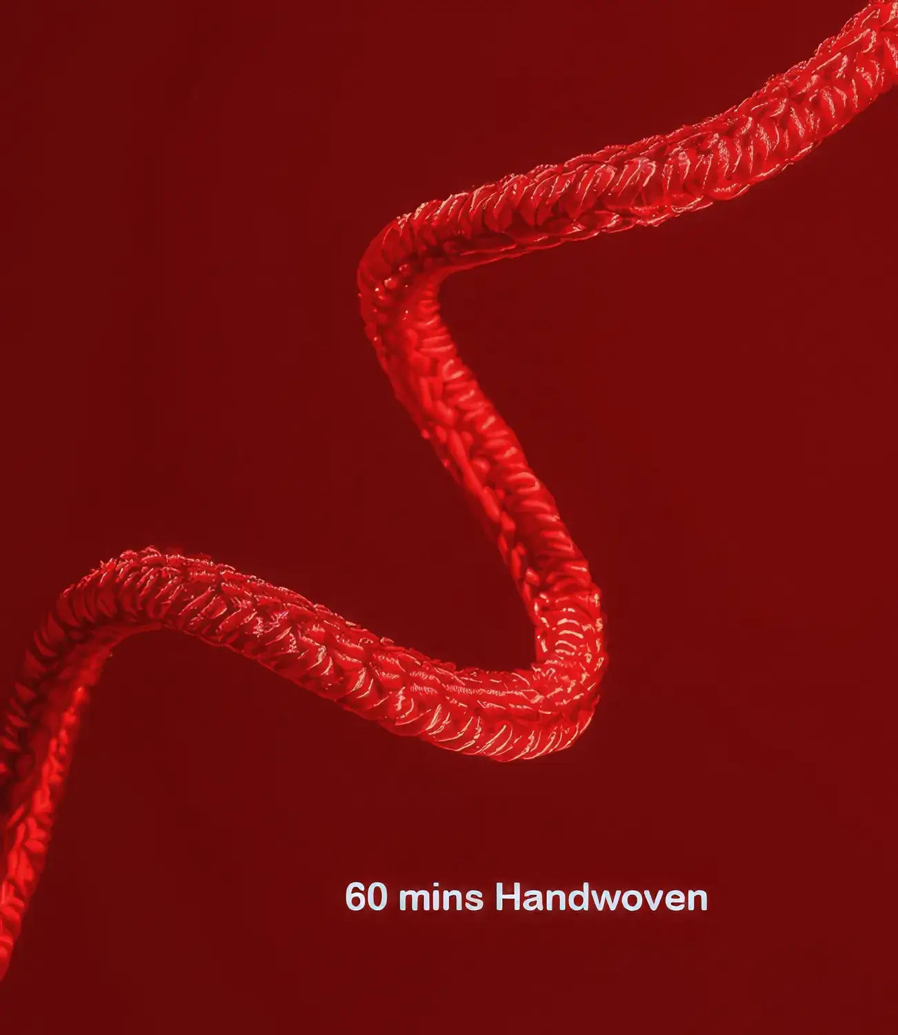 Red handwoven yarn on a red background with '60 mins Handwoven' text.