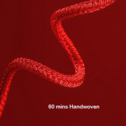Red handwoven yarn on a red background with '60 mins Handwoven' text.