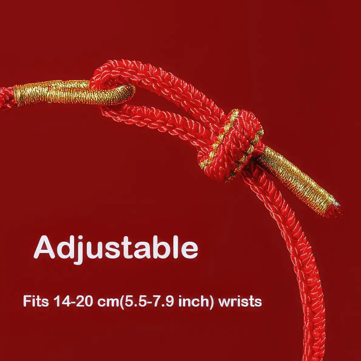 Red and gold adjustable bracelet on a red background with text indicating wrist size.