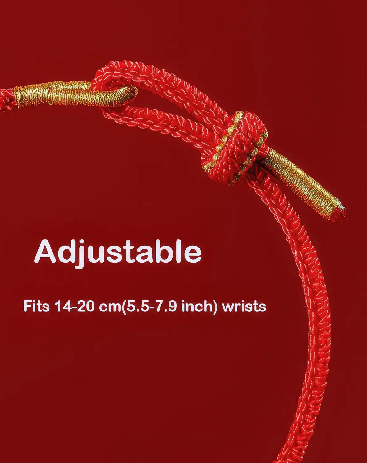 Red and gold adjustable bracelet on a red background with text indicating wrist size.