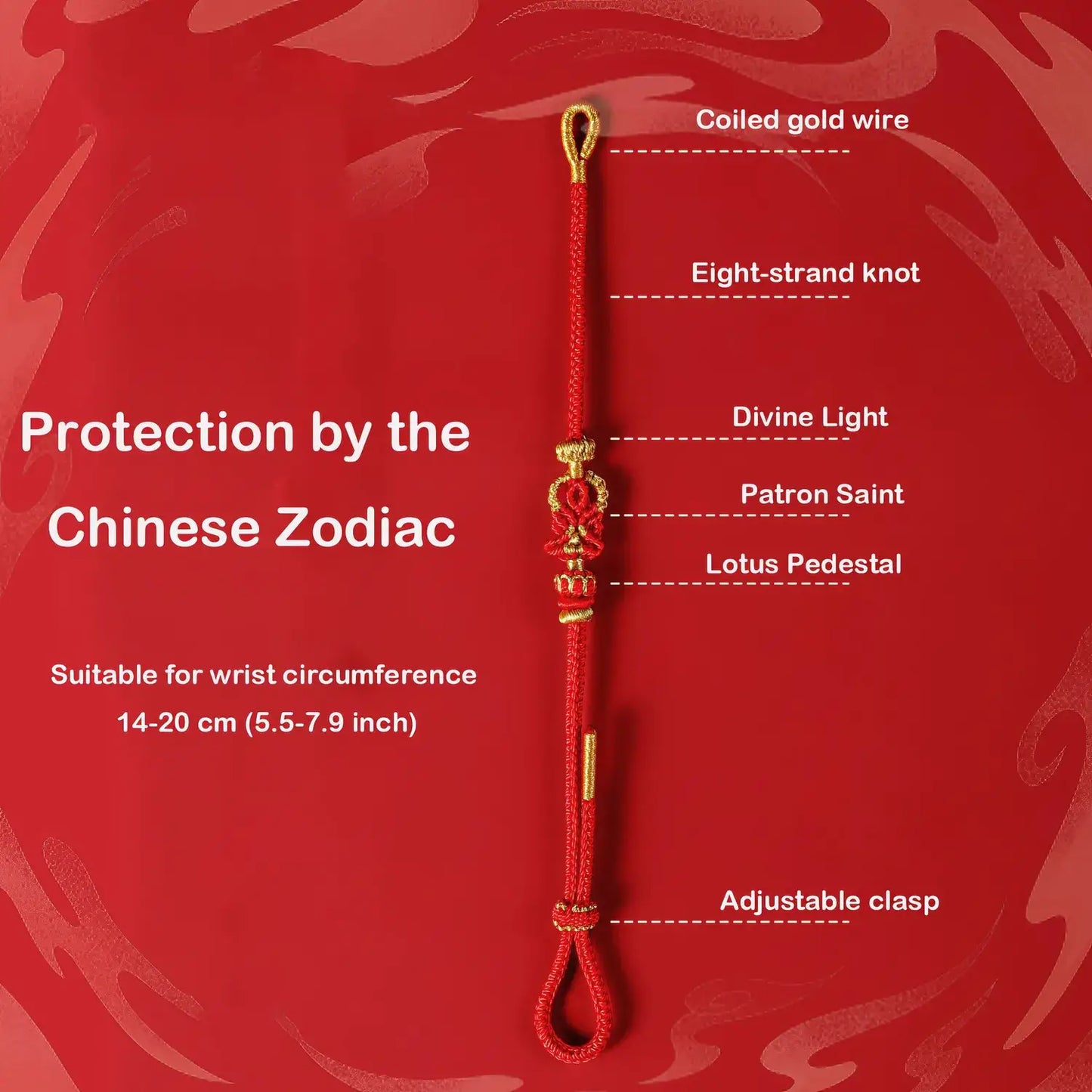 Red bracelet with gold accents on a red background, labeled with features.