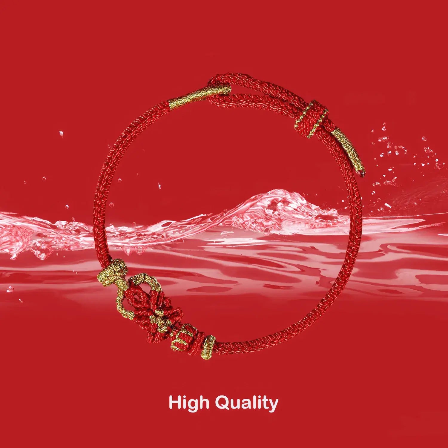 Red bracelet with gold accents on a red background