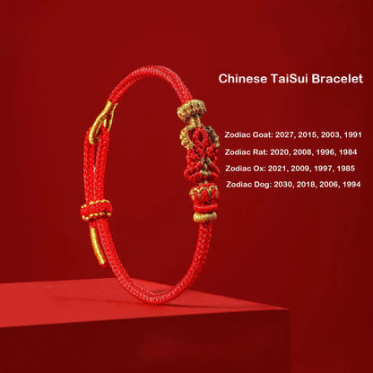 A red Chinese TaiSui bracelet with gold-toned metal clasp and decorative knotwork, displayed on a red pedestal against a red background. White text on the right lists zodiac years associated with the bracelet.