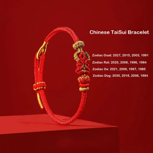 A red Chinese TaiSui bracelet with gold-toned metal clasp and decorative knotwork, displayed on a red pedestal against a red background. White text on the right lists zodiac years associated with the bracelet.