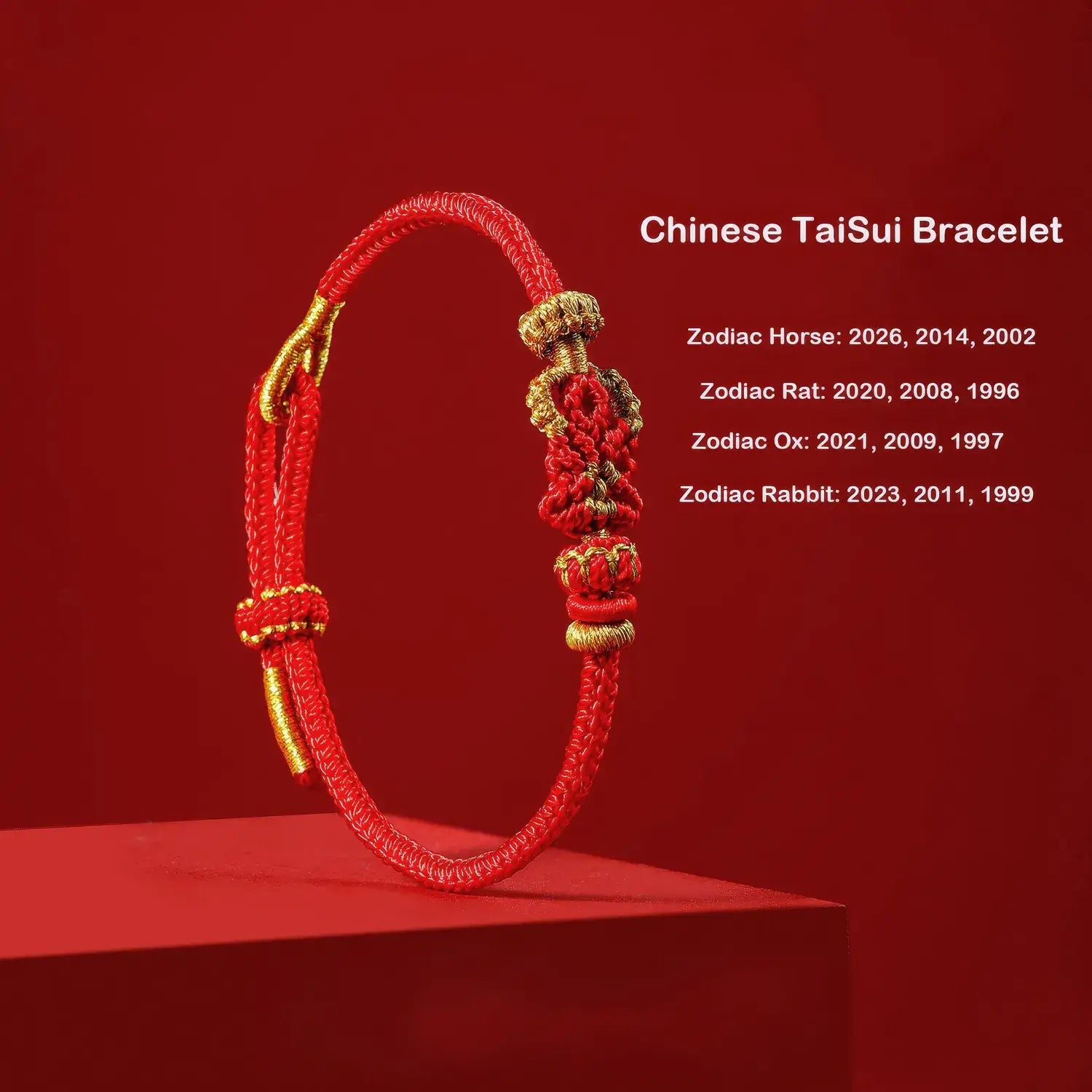 Red and gold Chinese TaiSui bracelet on a red background with zodiac compatibility information.