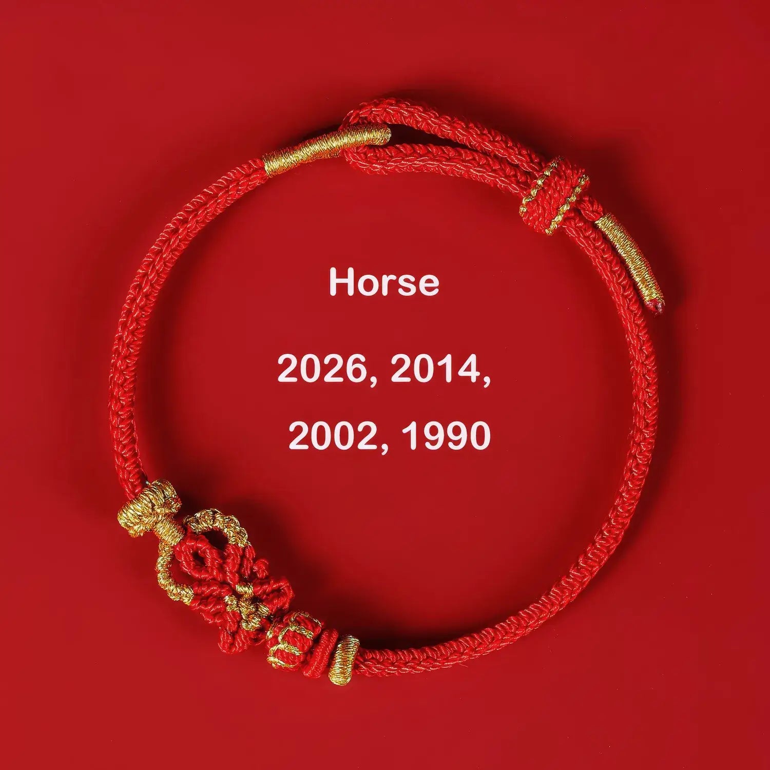 Red and gold bracelet on a red background with years associated with the 'Horse' zodiac.
