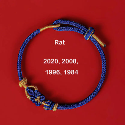 Blue and gold bracelet on a red background with 'Rat' and years displayed.