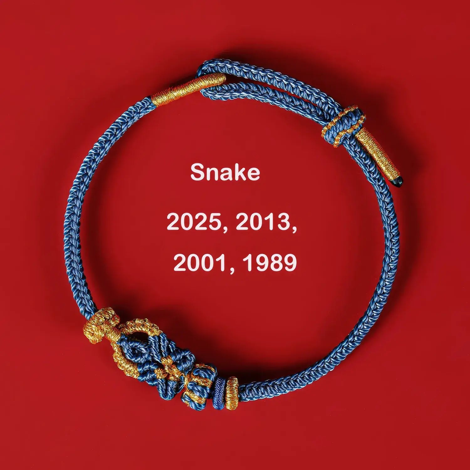Blue and gold bracelet on a red background with years displayed