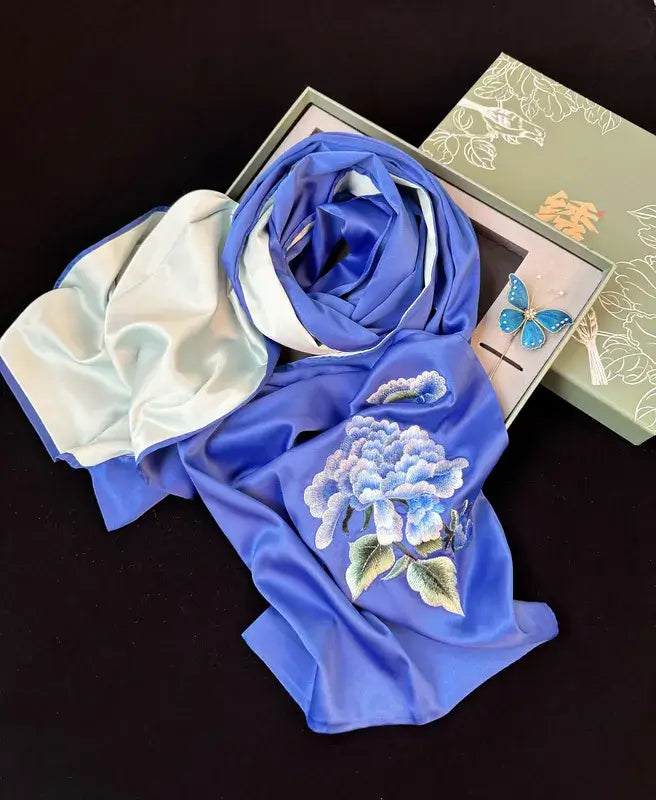 Silk Gift Set – Suzhou Embroidered Scarf & Handmade Velvet Flower Brooch