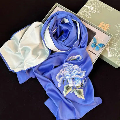 Silk Gift Set – Suzhou Embroidered Scarf & Handmade Velvet Flower Brooch