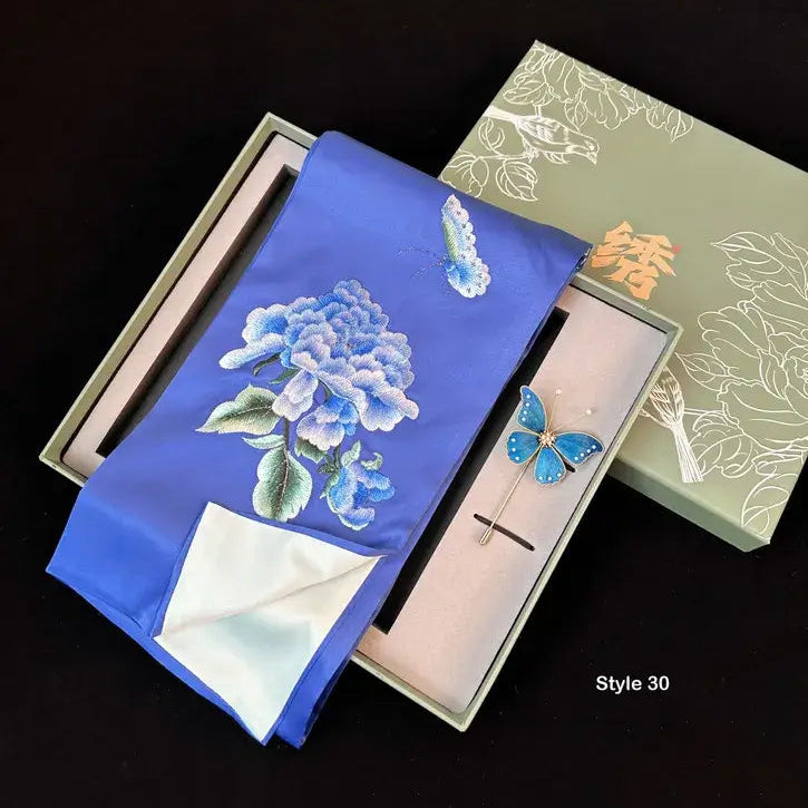 Silk Gift Set – Suzhou Embroidered Scarf & Handmade Velvet Flower Brooch