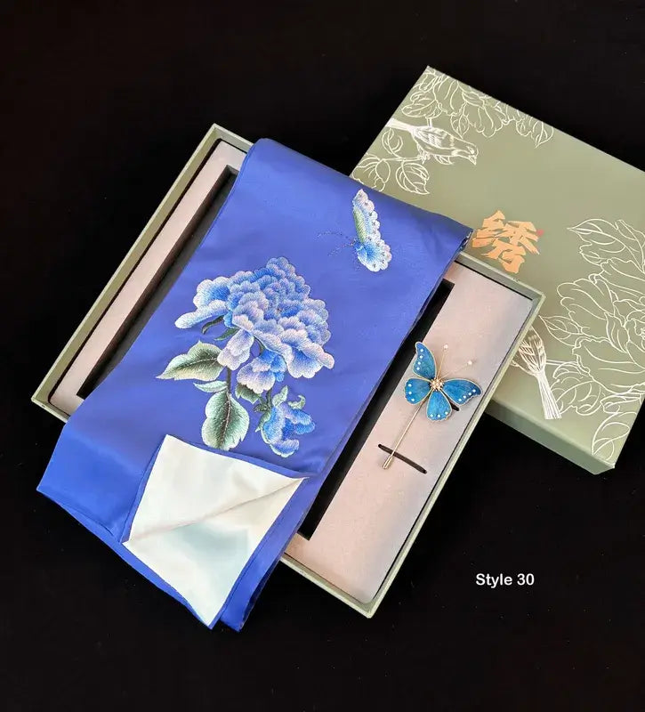 Silk Gift Set – Suzhou Embroidered Scarf & Handmade Velvet Flower Brooch