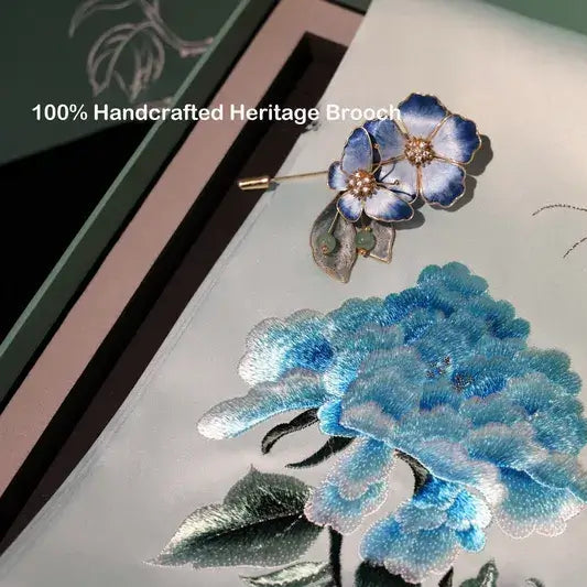 Handcrafted blue brooches on a decorative surface with floral design.