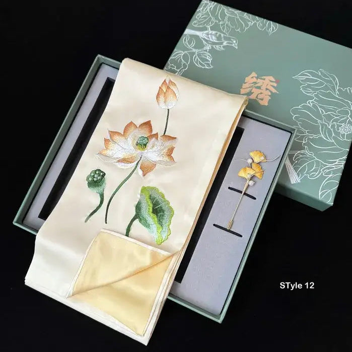 Embroidered fabric with floral design in a decorative box on a black background