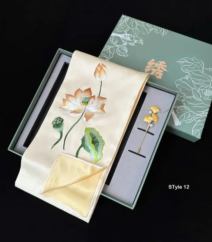 Embroidered fabric with floral design in a decorative box on a black background