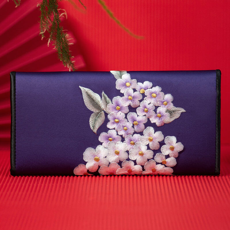 Floral embroidered design on a dark blue fabric against a red background