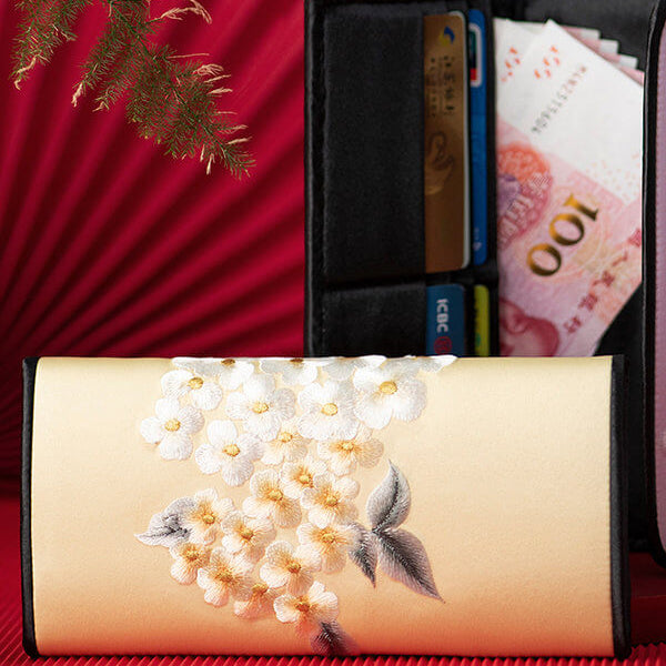 Hand-painted wallet with floral design on a red background