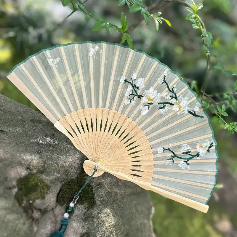 Double-Sided Suzhou Embroidery Floral Silk Fan, 20cm Handmade