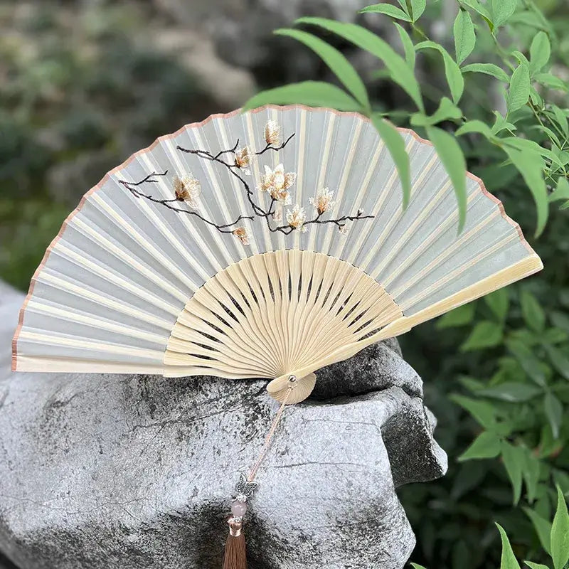 Double-Sided Suzhou Embroidery Floral Silk Fan, 20cm Handmade