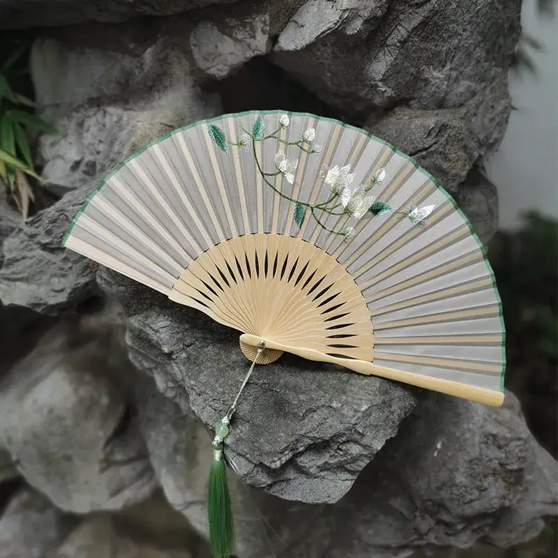 Double-Sided Suzhou Embroidery Floral Silk Fan, 20cm Handmade