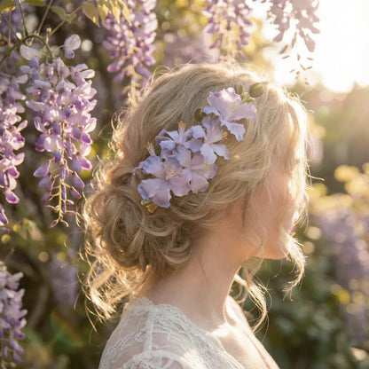 Woman with floral hairpiece standing among wisteria flowers