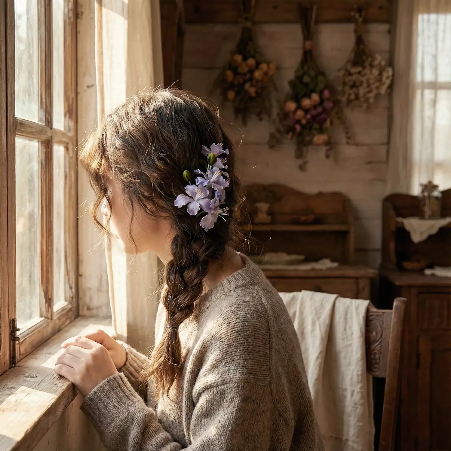 Woman with braided hair and flowers sitting by a window in a rustic room.