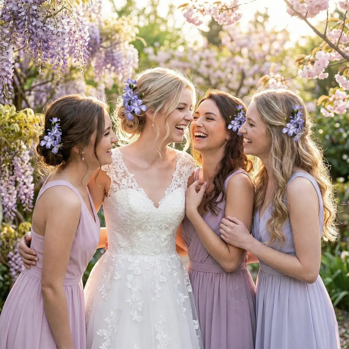 Bride with bridesmaids in a garden with blooming flowers