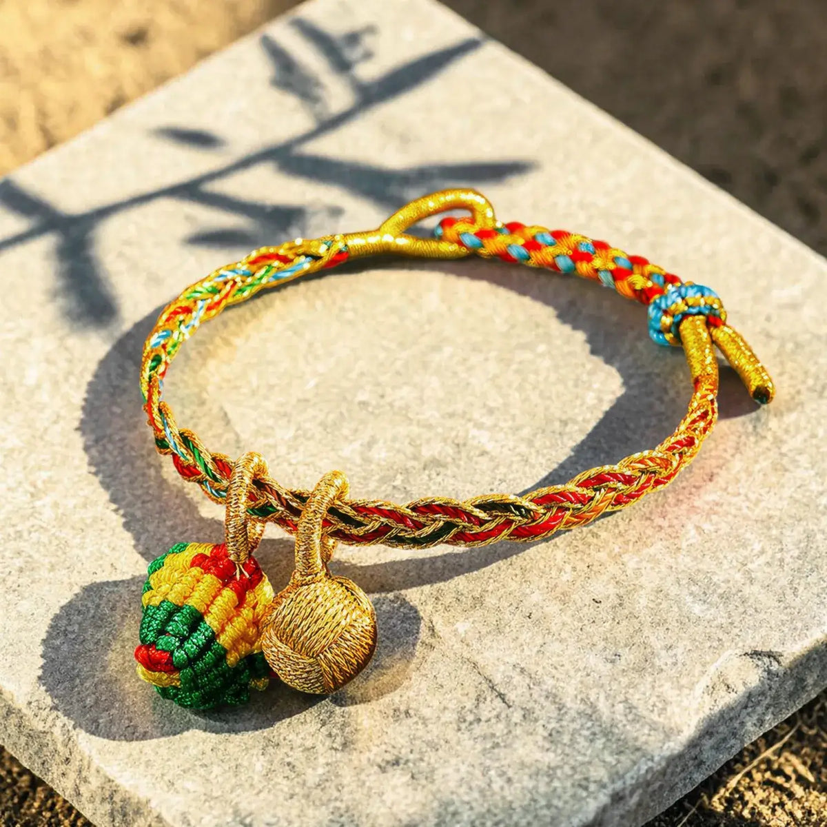 A braided cord bracelet in gold, red, blue, and green with two hanging charms, photographed on a stone surface in warm sunlight.